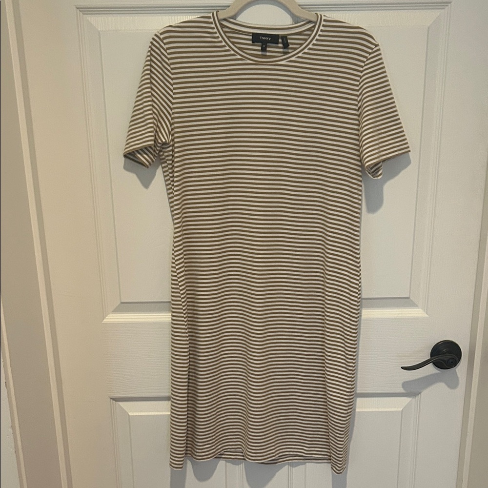 Theory Tan and White Striped T-Shirt Dress